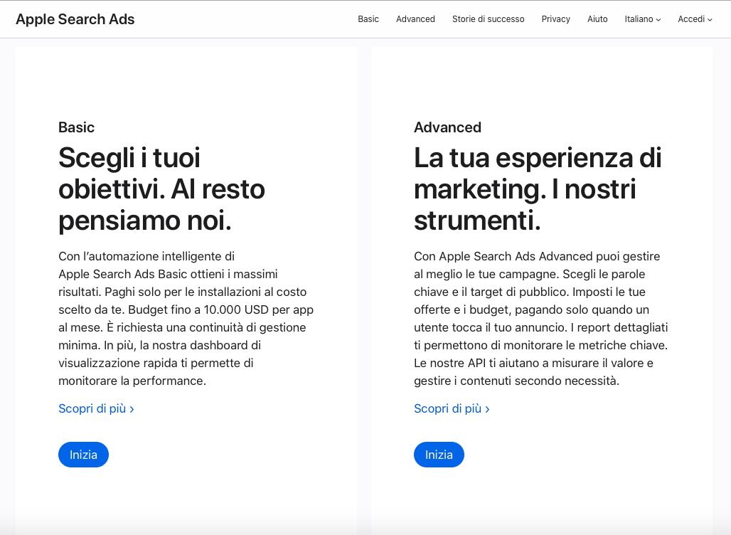 Guida Apple Search Ads - basic vs advanced