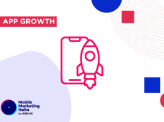 Come sfruttare gli strumenti basati sull’intelligenza artificiale per le strategie di marketing delle tue app Illustration of a smartphone with a rocket launching from the screen, signifying app growth. The image includes the text "APP GROWTH" and the logo of Mobile Marketing Italia by REPLUG