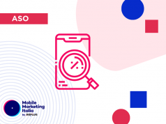 Consigli su come misurare il successo dell’ASO nel 2023 (Più un suggerimento bonus) Icon of a smartphone with a magnifying glass over it, labeled "ASO". The background contains abstract shapes, and a logo in the bottom left corner says "Mobile Marketing Italia by REPLUG